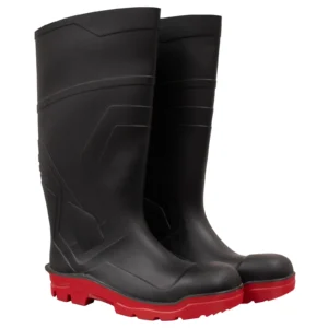Bota de hule industrial negra de caña alta con suela roja antiderrapante, 100% impermeable. A la venta en Tuxtla, San Cristóbal y Tapachula.