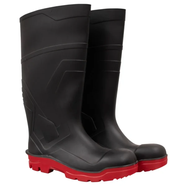 Bota de hule industrial negra de caña alta con suela roja antiderrapante, 100% impermeable. A la venta en Tuxtla, San Cristóbal y Tapachula.