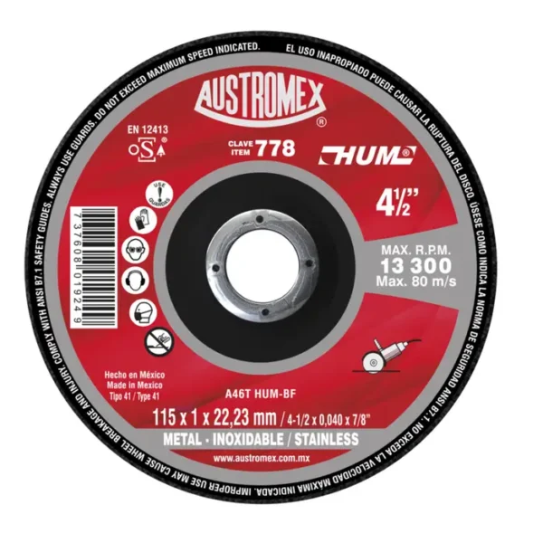 Disco de corte fino de 4 1/2 pulgadas para metal y acero inoxidable, modelo 778. A la venta en Tuxtla, San Cristóbal y Tapachula.