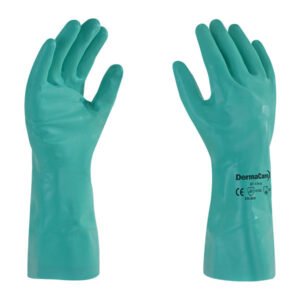 Par de guantes de nitrilo verdes de alta resistencia, mostrando su textura para agarre. A la venta en Tuxtla, San Cristóbal y Tapachula