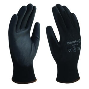 Guante de trabajo económico con recubrimiento de poliuretano negro, diseñado para precisión y tacto. A la venta en Tuxtla, San Cristóbal y Tapachula.