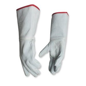Guante para soldador de 14 pulgadas color blanco, de carnaza con palma y pulgar reforzados y costuras de Kevlar. A la venta en Tuxtla, San Cristóbal y Tapachula.