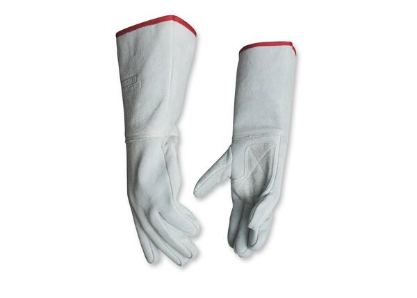 Guante para soldador de 14 pulgadas color blanco, de carnaza con palma y pulgar reforzados y costuras de Kevlar. A la venta en Tuxtla, San Cristóbal y Tapachula.