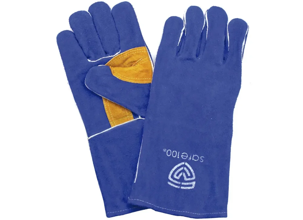 Guante para soldador de 14 pulgadas color azul, con palma reforzada y cosido con hilo Kevlar. A la venta en Tuxtla, San Cristóbal y Tapachula.