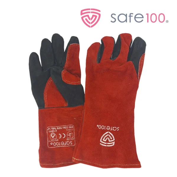 Guante de seguridad para soldador modelo "Safe100", de 14 pulgadas y fabricado 100% en carnaza de res con hilo Kevlar. A la venta en Tuxtla, San Cristóbal y Tapachula.