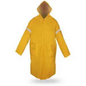 Impermeable largo tipo gabardina de PVC, en colores amarillo y azul, para protección total contra la lluvia. A la venta en Tuxtla, San Cristóbal y Tapachula.