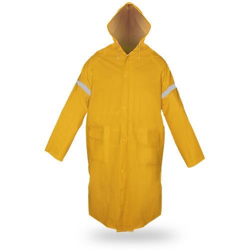 Impermeable largo tipo gabardina de PVC, en colores amarillo y azul, para protección total contra la lluvia. A la venta en Tuxtla, San Cristóbal y Tapachula.