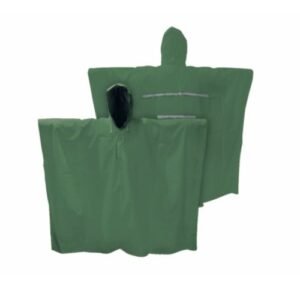 Impermeable verde tipo poncho (capamanga) con cintas reflejantes para protección contra la lluvia. A la venta en Tuxtla, San Cristóbal y Tapachula.