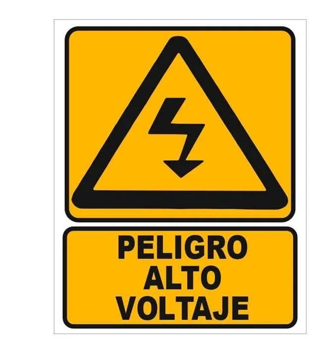 Señal de seguridad de "Peligro: Alto Voltaje" con pictograma de rayo, cumpliendo con la norma. A la venta en Tuxtla, San Cristóbal y Tapachula.