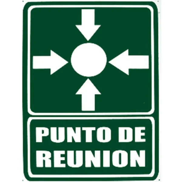 Señal de seguridad de "Punto de Reunión" con pictograma oficial, para zonas de seguridad en evacuaciones. A la venta en Tuxtla, San Cristóbal y Tapachula.